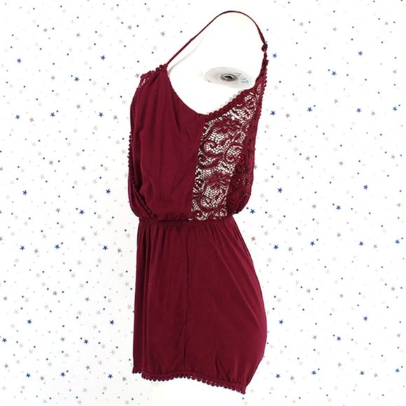 Surplice Lace Pompom Cami Romper Burgundy - Picture 6 of 8